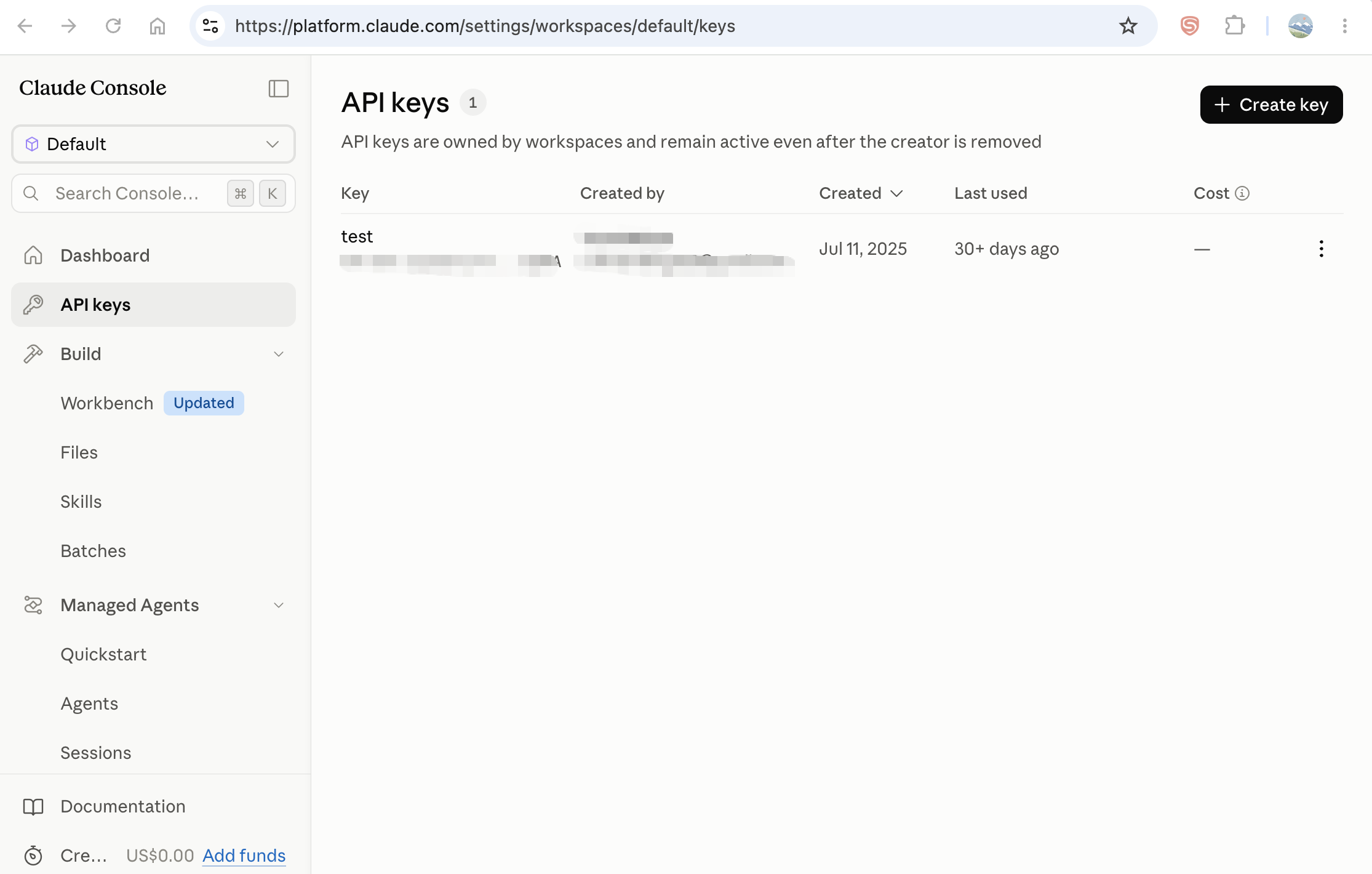 Anthropic Claude API Key 管理界面截图