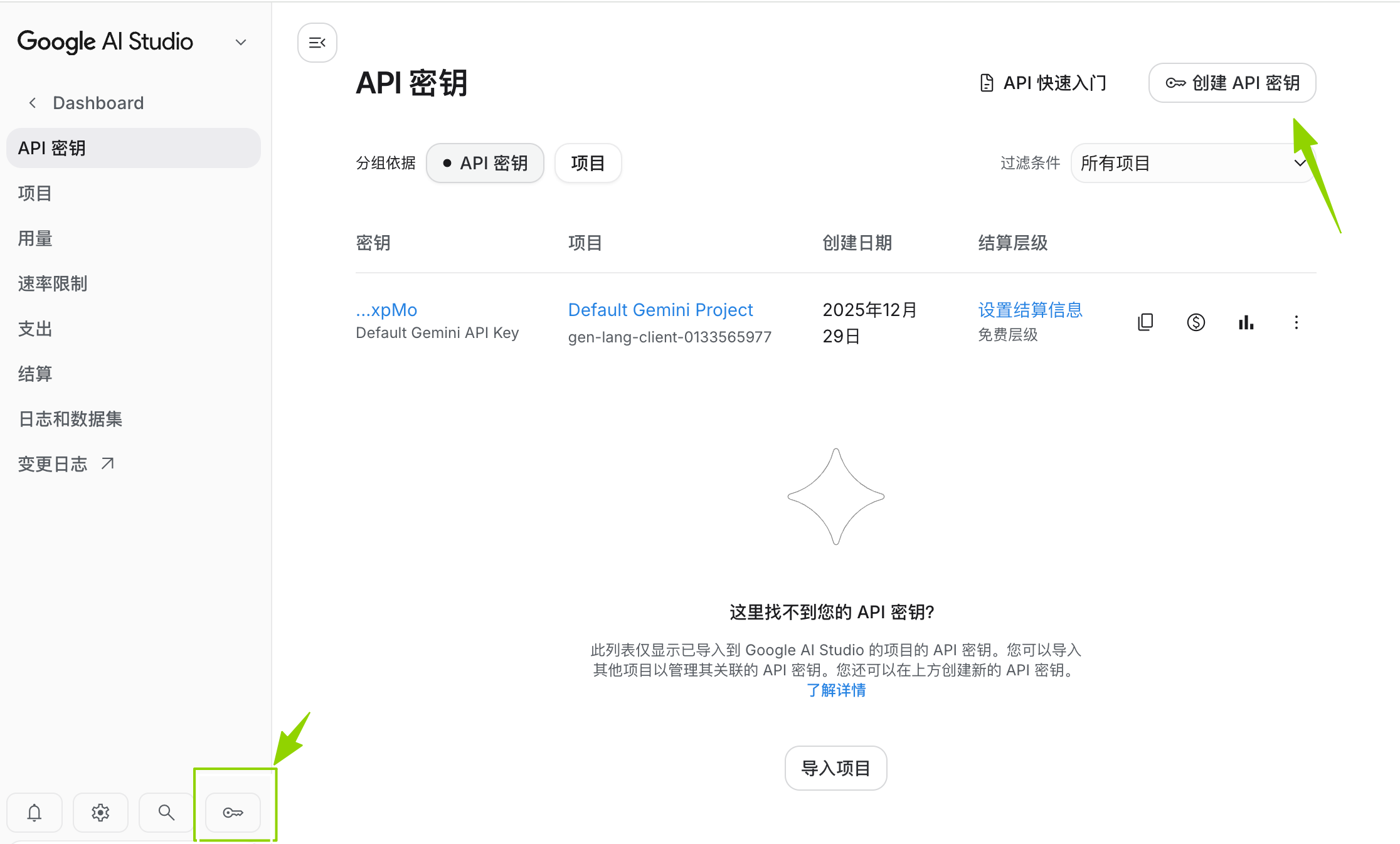 Google AI Studio API Key 管理界面截图