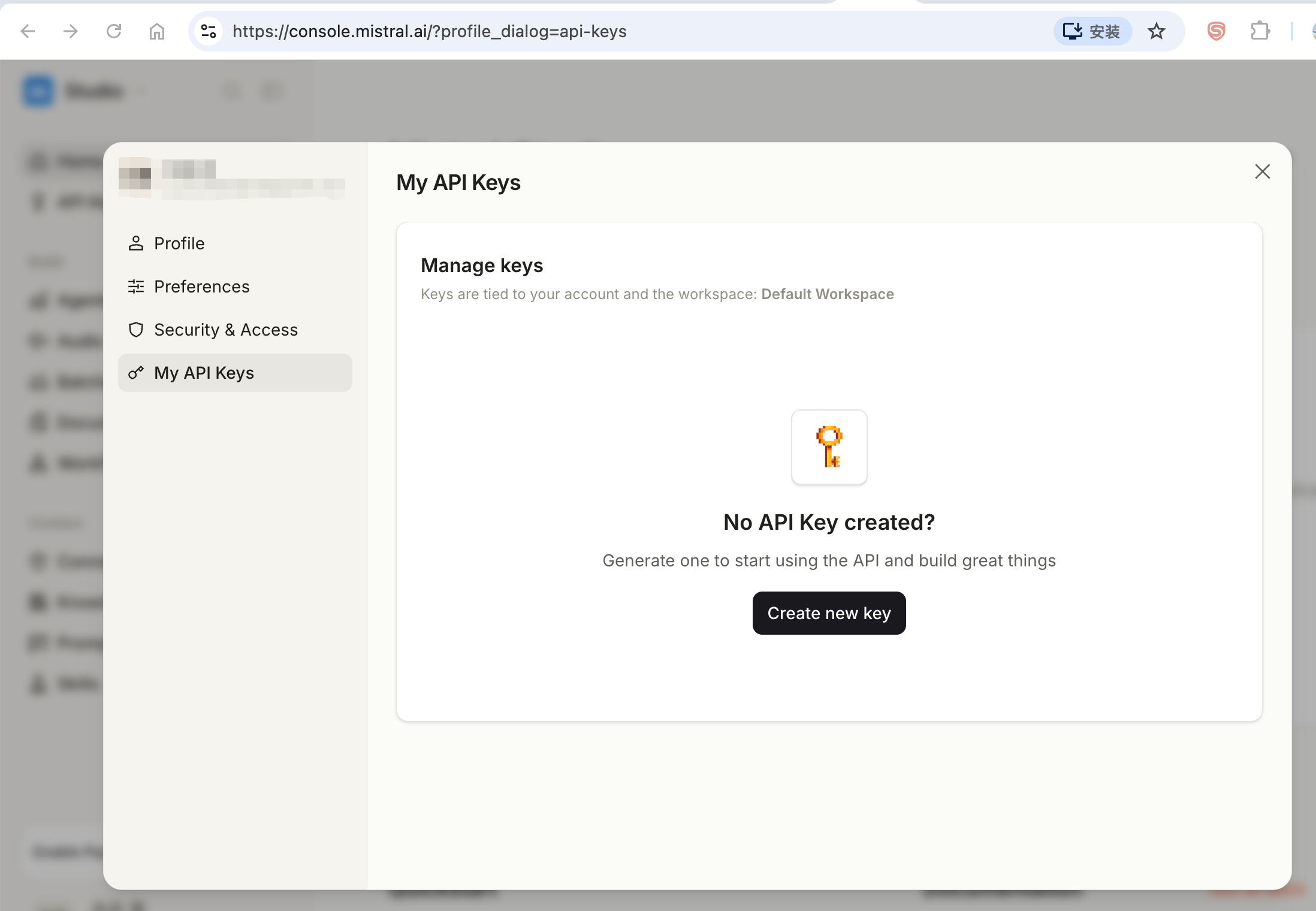 Mistral API Key 生成弹窗截图