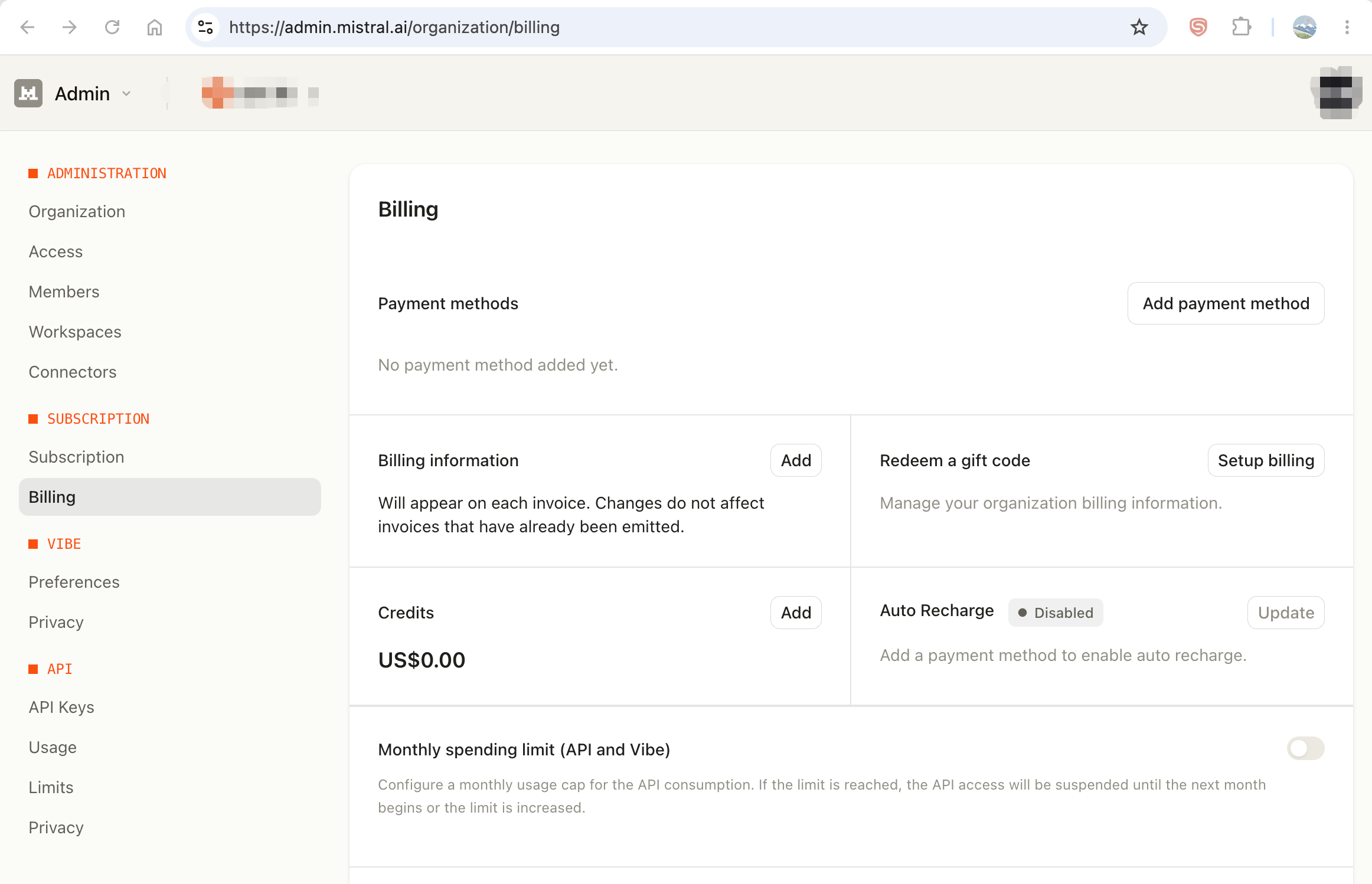 Mistral 账户充值与 Billing 界面截图