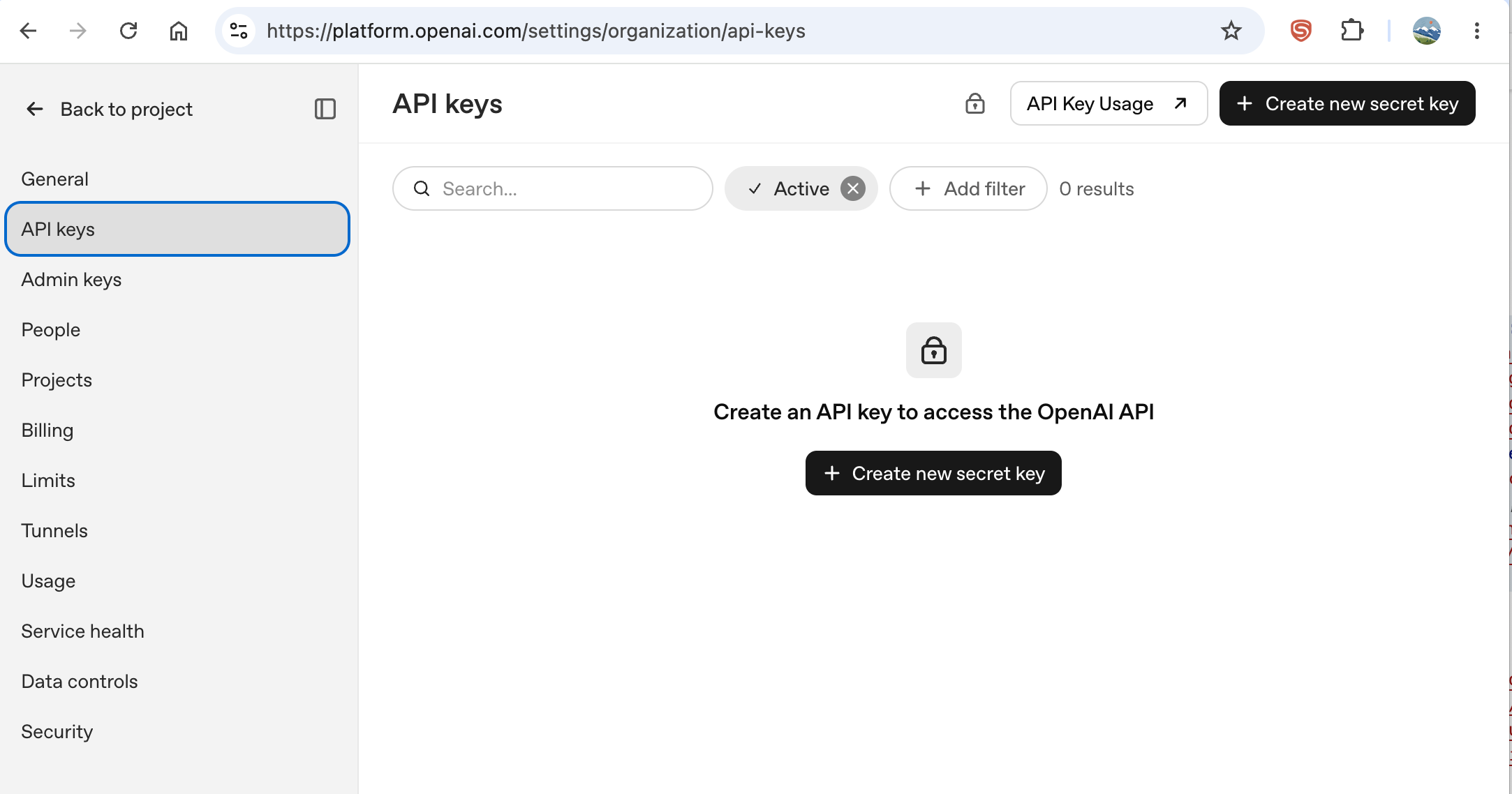 OpenAI API Keys 管理界面截图